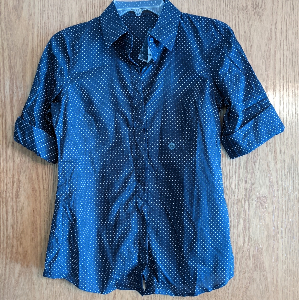 The Limited navy and white pin dot blouse NWT